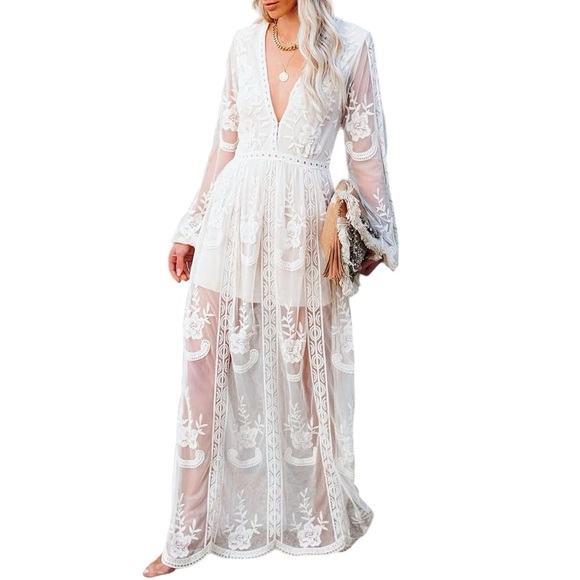 Dresses & Skirts - WHITE lace gorgeous white boho maxi dress size small long sleeve NWOT